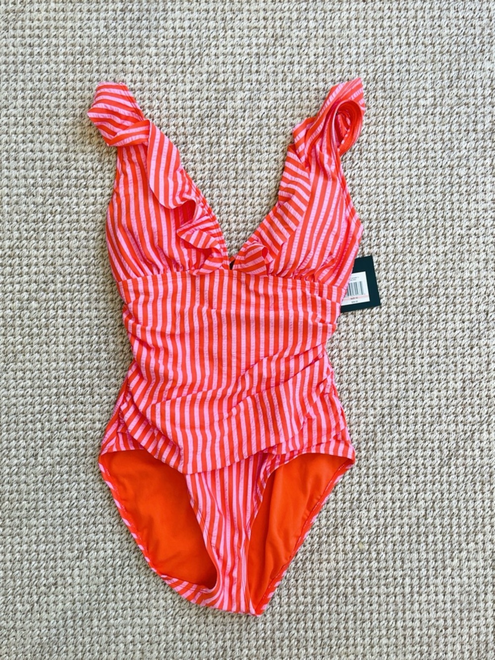 Ellen Tracy One Piece Swimsuit Pink Orange Striped Ruffle Size 10 NWT